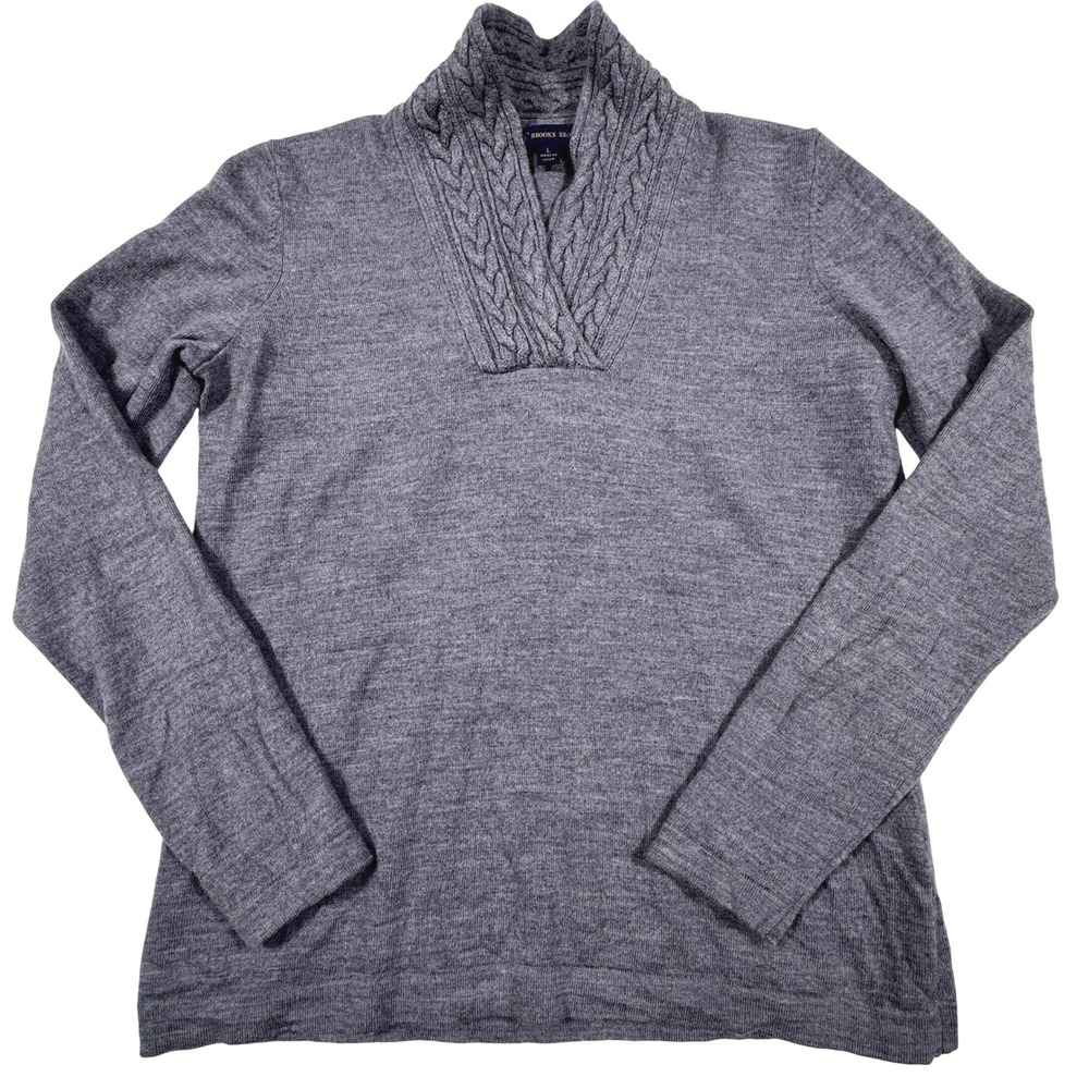 Brooks Brothers 346 Gray 100% Wool Cable Shawl V-Neck‎ Sweater Womens Large